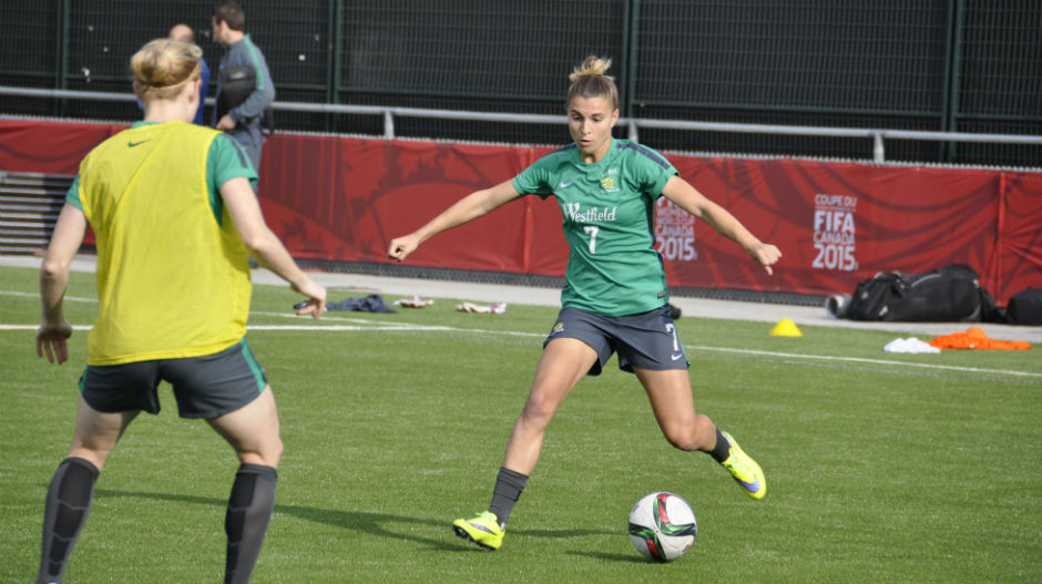 Steph Catley on the ball during a drill.