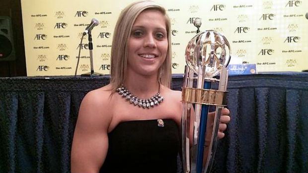 Katrina Lee Gorry with her AFC Women’s Player of the Year trophy.