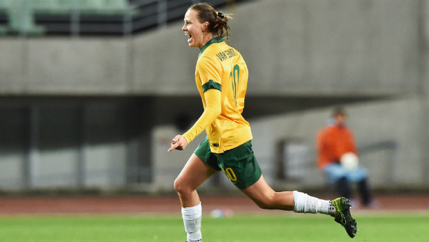 Westfield Matildas midfielder Emily van Egmond celebrates her late goal against China.