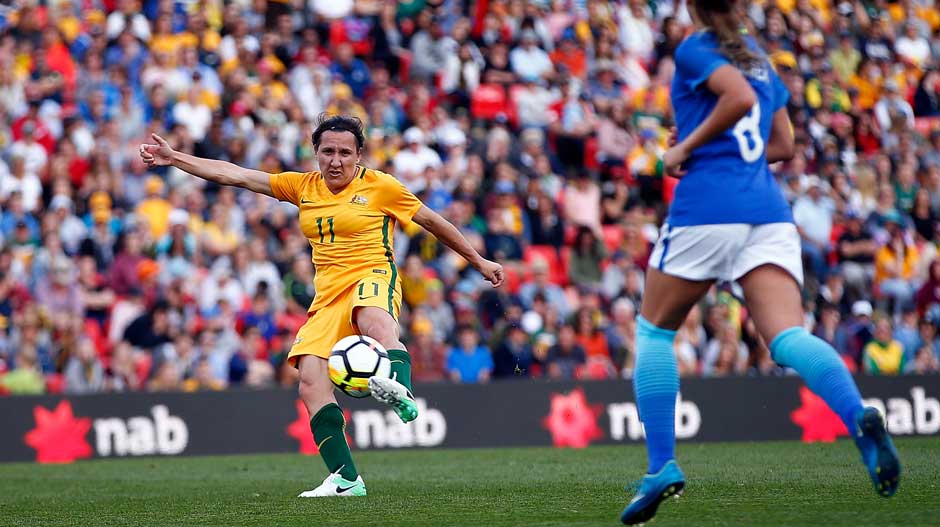 Lisa De Vanna lets fly with a stunning volley to open the scoring for the Westfield Matildas.