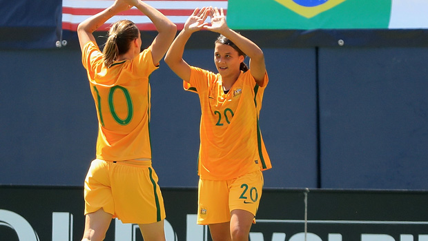Sam Kerr celebrates a goal during the Westfield Matildas triumph at the Tournament of Nations.
