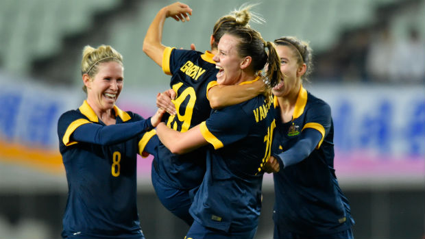 Matildas midfielder Katrina Gorry celebrates scoring against DPR Korea in Rio Games qualifying.