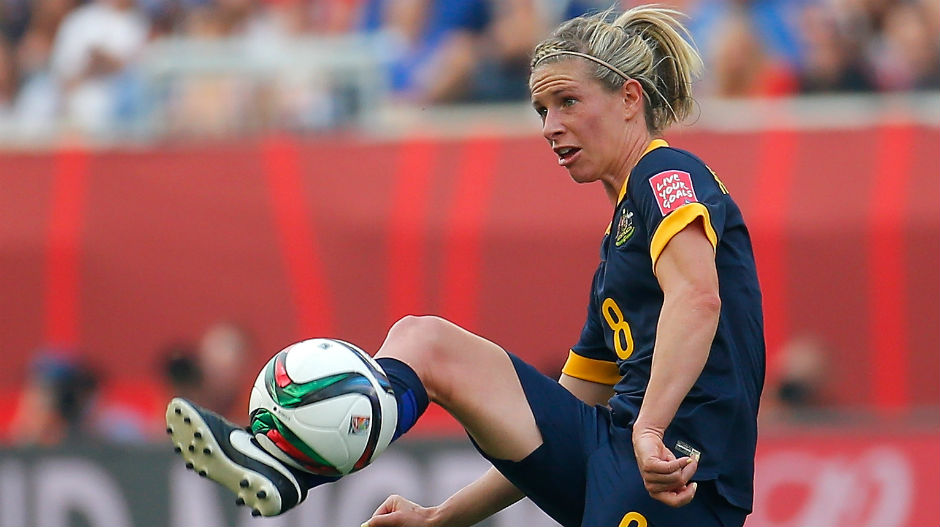 Elise Kellond-Knight controls the ball in the Matildas win over Brazil.
