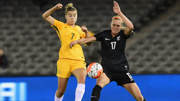 Steph Catley in action for Australia against NZ in a friendly in June.
