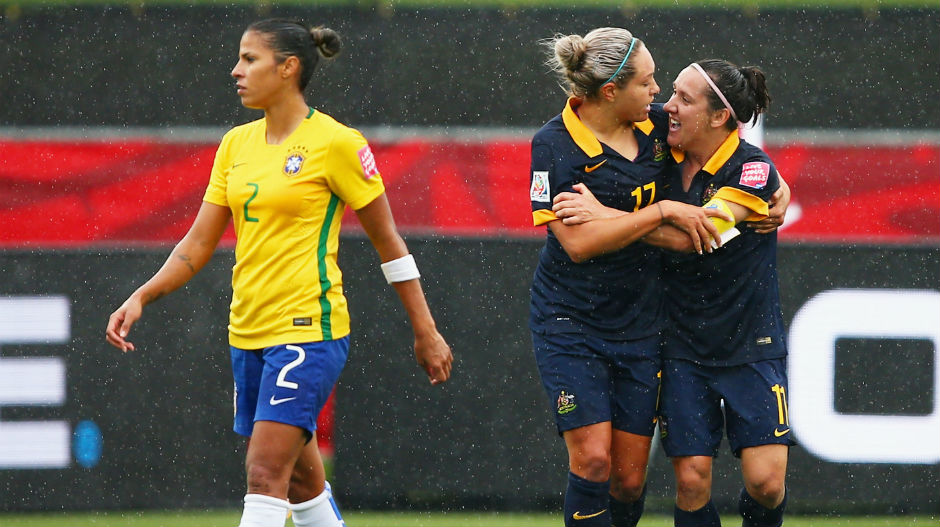 Kyah Simon and Lisa De Vanna celebrate giving the Matildas the lead against Brazil.