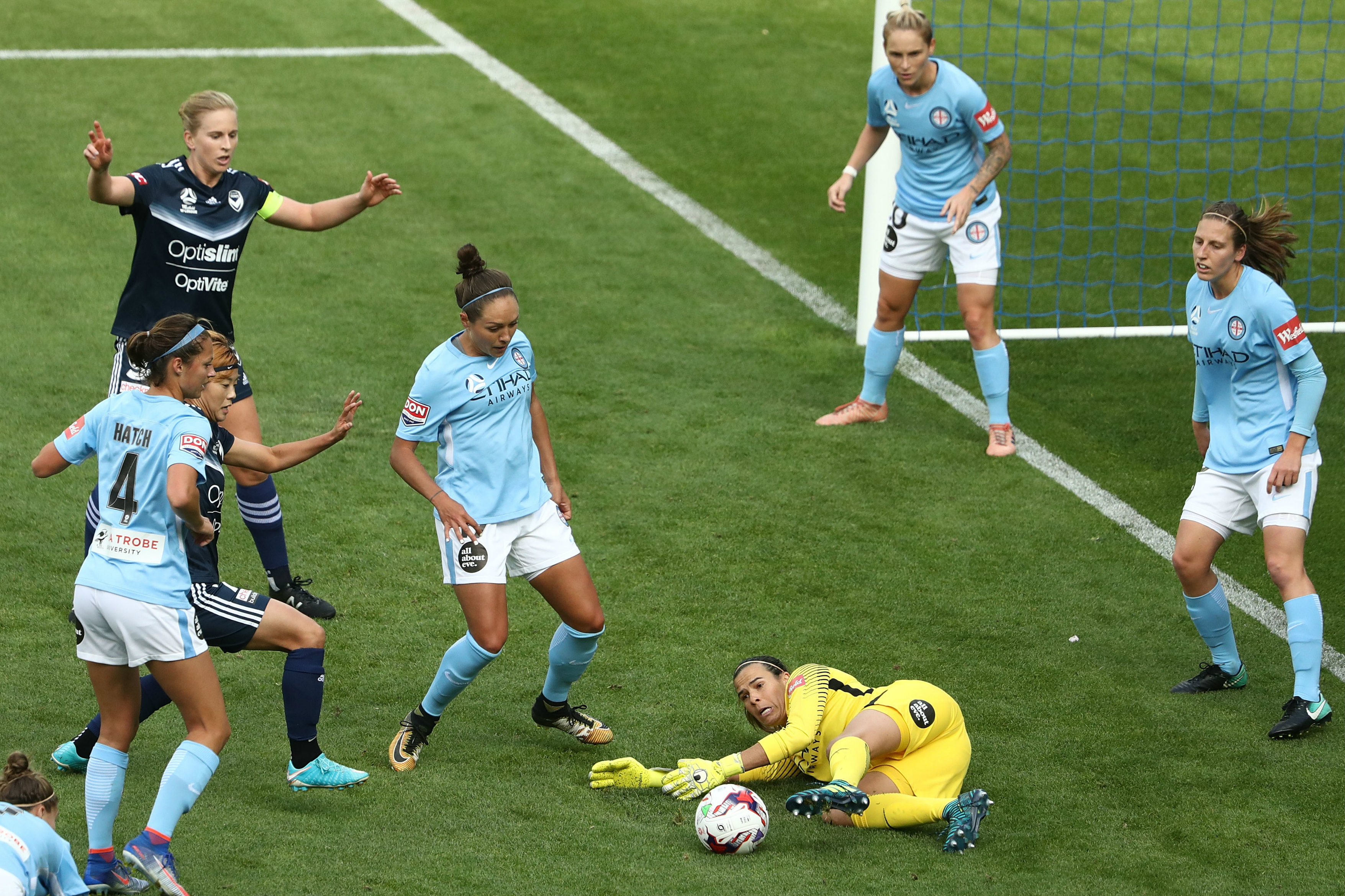 Lydia Williams makes a key save in the Melbourne Derby.