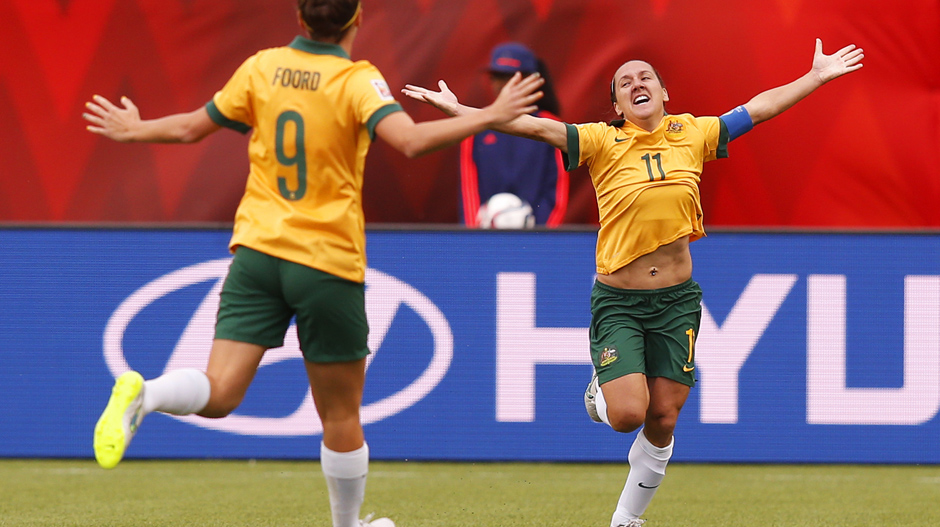Co-captain Lisa De Vanna celebrates a goal at the World Cup.