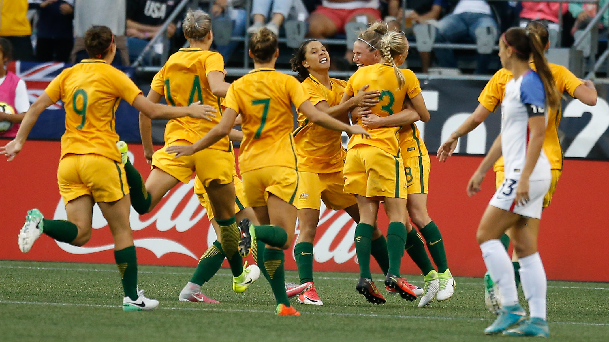 Westfield Matildas players celebrate Tameka Butt's goal in their win over the USA last month.