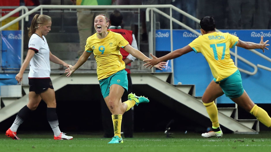 Foord celebrates scoring her first goal at the Rio Games.