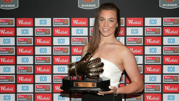 Perth Glory goalkeeper Mackenzie Arnold with her 2014/15 W-League Goalkeeper of the Year Award.