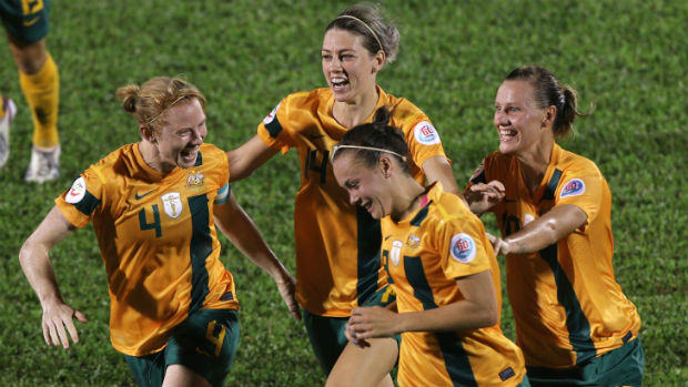 Caitlin Foord celebrates scoring against Japan at the Women's Asian Cup.