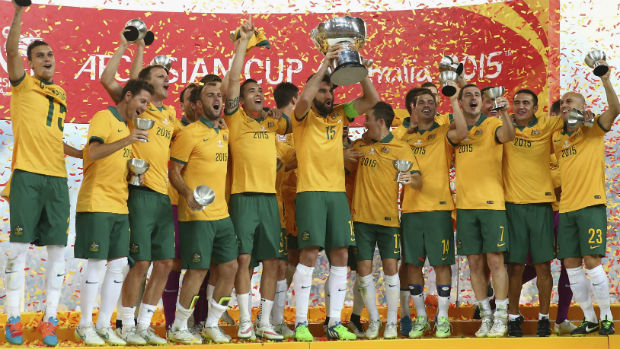 The Caltex Socceroos celebrate winning the 2015 AFC Asian Cup on home soil.