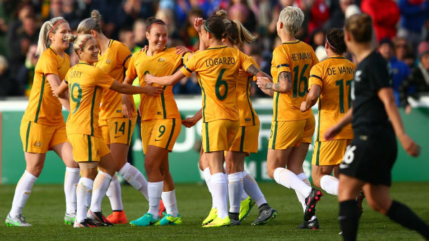 The Westfield Matildas celebrate Caitlin Foord's opener against New Zealand.