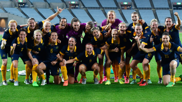 The Westfield Matildas celebrate qualifying for the Rio Games after their win over DPR Korea.