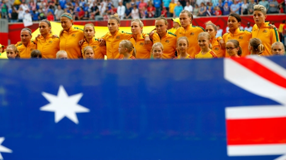The Westfield Matildas before kick-off in their World Cup clash against USA.
