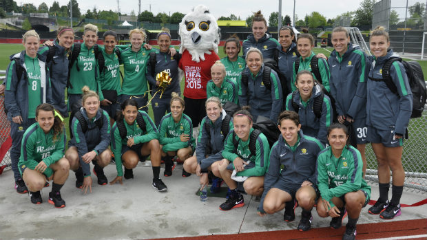 The Westfield Matildas with World Cup mascot 'Schueme'.
