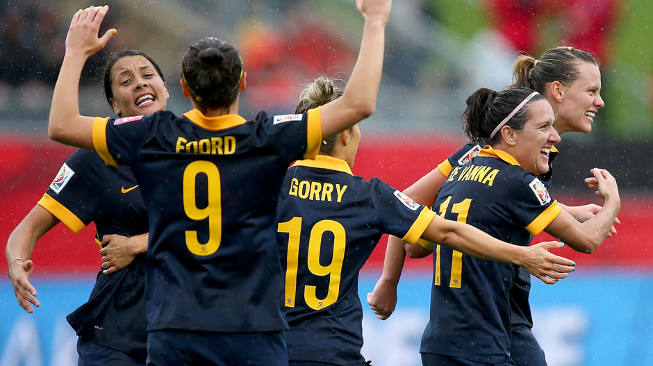 Matildas players celebrate at full time following their 1-0 win over Brazil.
