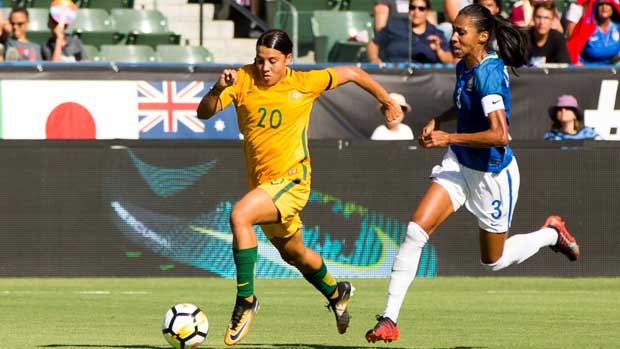 Sam Kerr races clear of the Brazil defence during the Westfield Matildas 6-1 win at the Tournament of Nations.